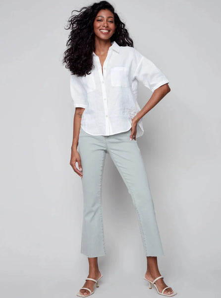 Solid Short Sleeve Button Down Asymmetric Top [White-C4486]