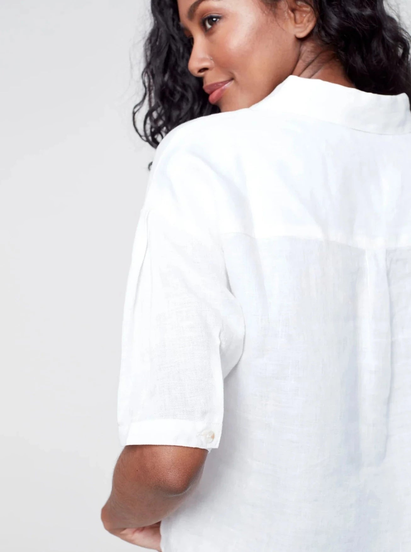 Solid Short Sleeve Button Down Asymmetric Top [White-C4486]