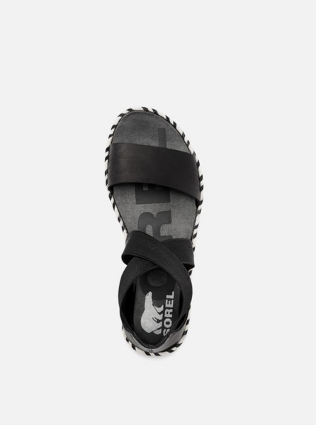 Sorel Ella II Sandal in Black with Tan/Black Jute detail around the midsole. Elastic criss-cross around the ankle. Top view.