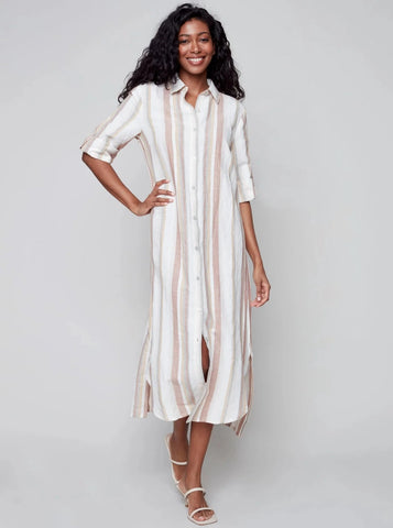 Striped 3/4 Sleeve Button Front Tunic Dress [Clay-C3106]