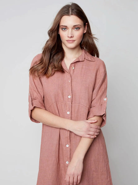 Striped 3/4 Sleeve Button Front Tunic Dress [Nougat-C3106RR]