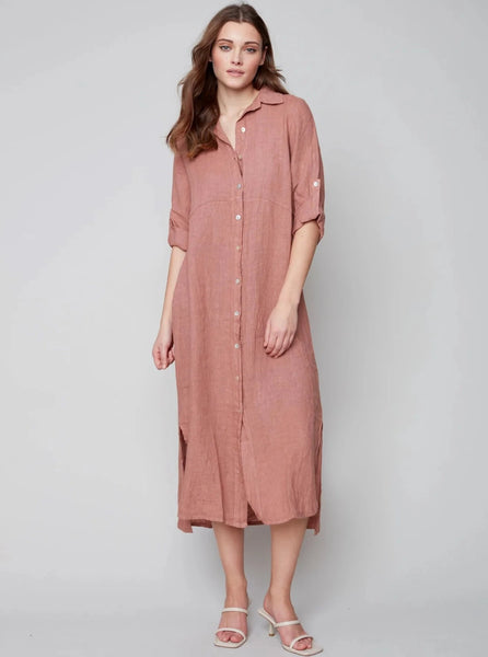 Striped 3/4 Sleeve Button Front Tunic Dress [Nougat-C3106RR]