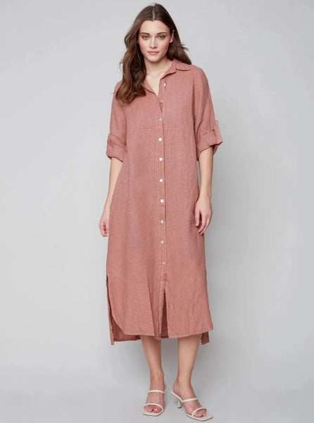 Striped 3/4 Sleeve Button Front Tunic Dress [Nougat-C3106RR]