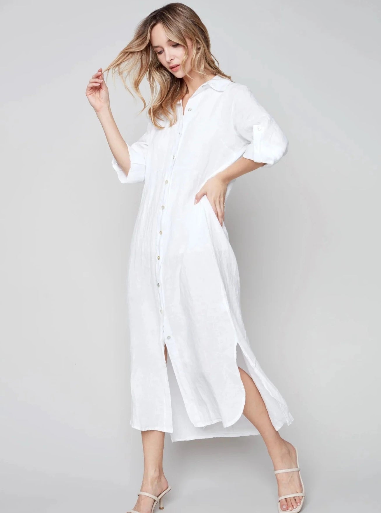 Striped 3/4 Sleeve Button Front Tunic Dress [White-C3106RR]