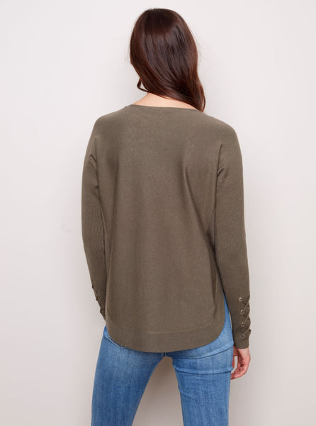 Sweater with Criss Cross Sleeve Detail [Pine-C2380R]