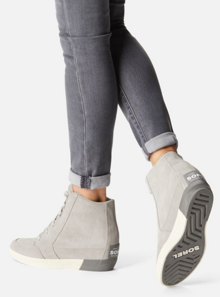 Womens Out n About Wedge Suede Bootie in Dove Quarry Modeled